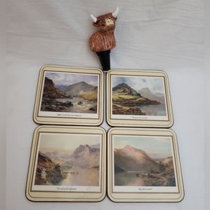 4 Vintage Pimpernel Scotland Drink Coasters and Scottish Cow Bottle Stopper